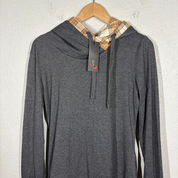 NEW! Djt Hoodie Plaid Trim Pullover Blouse Combo Gray Tan Gold Casual - 35 - Picture 3 of 5